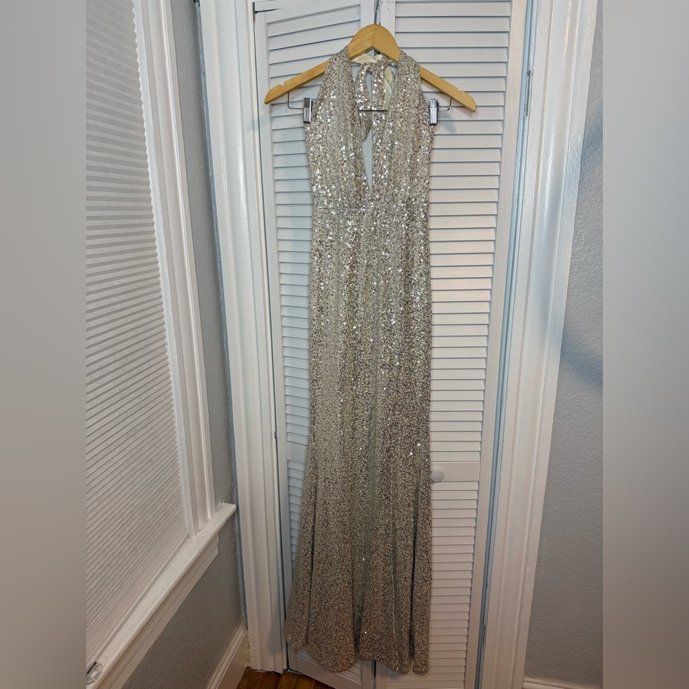 Champagne Sequin Halter Evening Gown